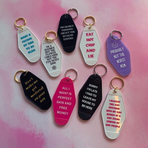 All I Want is Perfect Skin and Free Money Motel Style Keychain in Fuchsia Pink 11