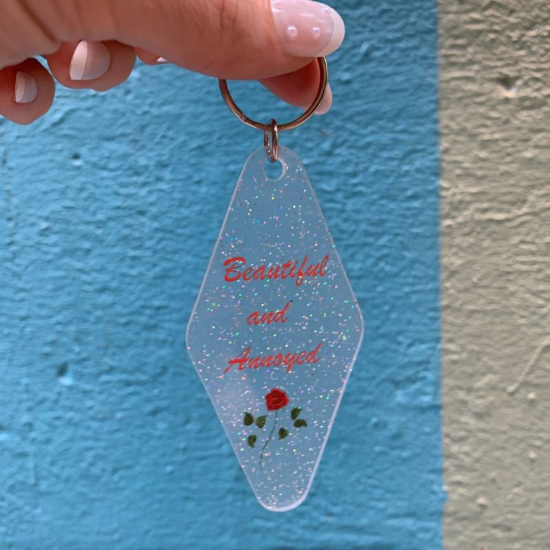 Beautiful and Annoyed Motel Style Key Tag Keychain in Transparent Glitter 2