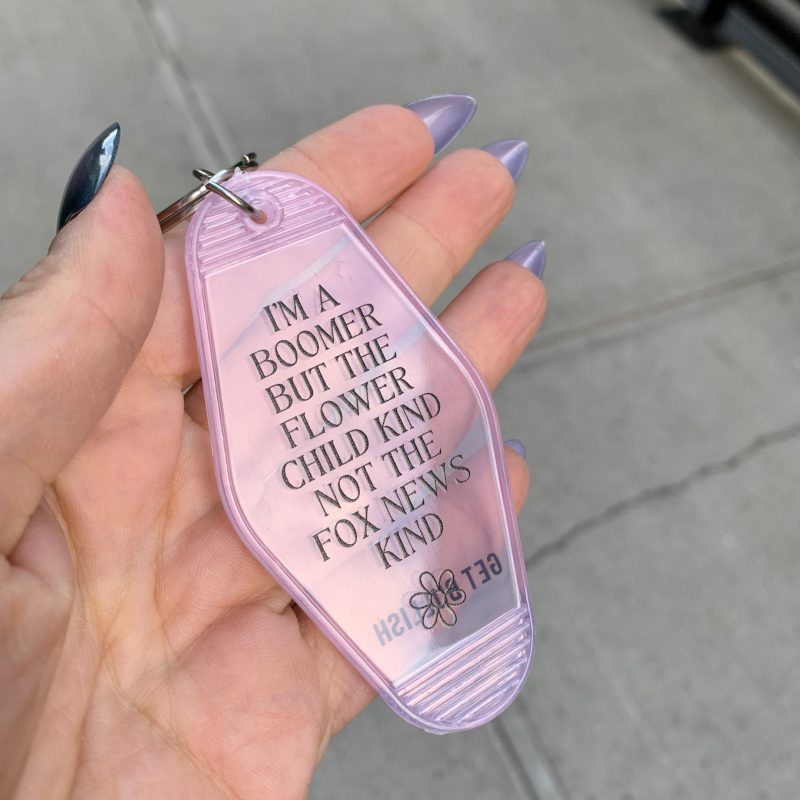 Im a Boomer But Not the Fox News Kind Motel Style Keychain in Translucent Pink 6